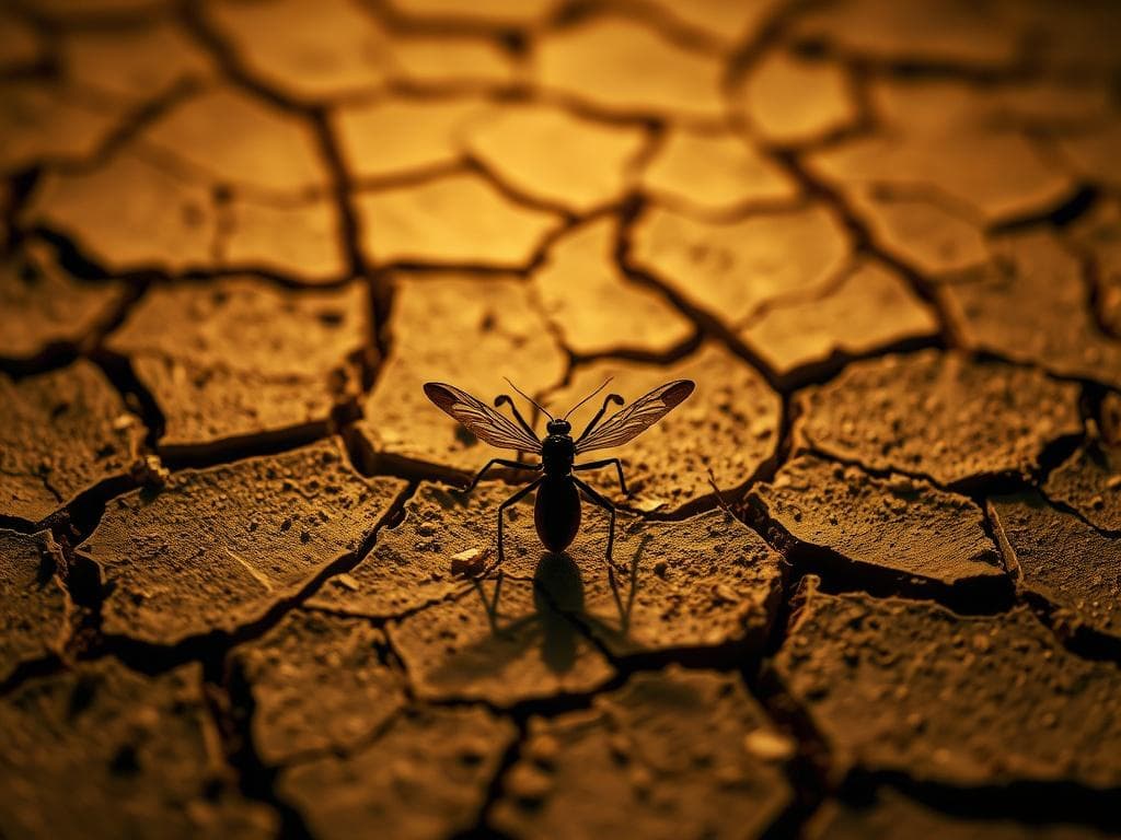 An insect on cracked, dry earth — illustrating dehydration rather than poisoning